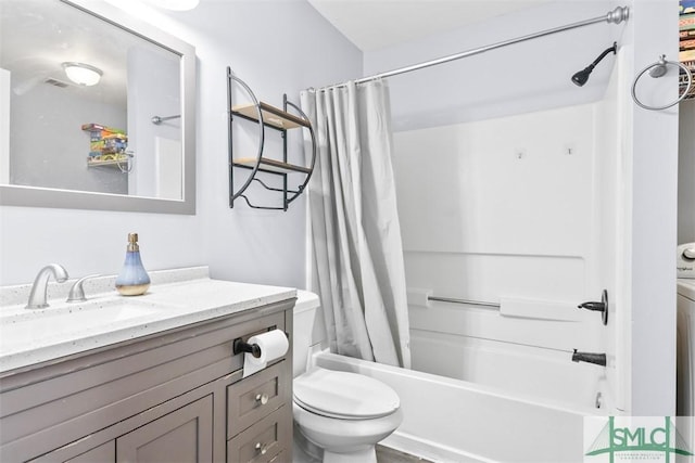 full bathroom featuring shower / bath combination with curtain, vanity, and toilet