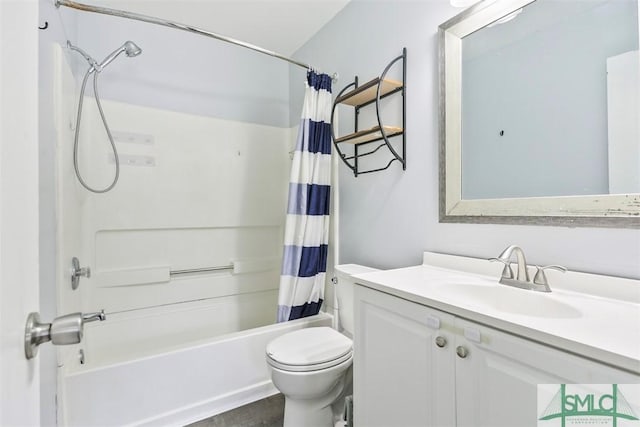 full bathroom with shower / tub combo with curtain, vanity, wood-type flooring, and toilet