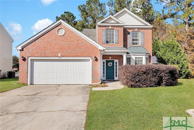 view of property with a garage, central air condition unit, and a front lawn