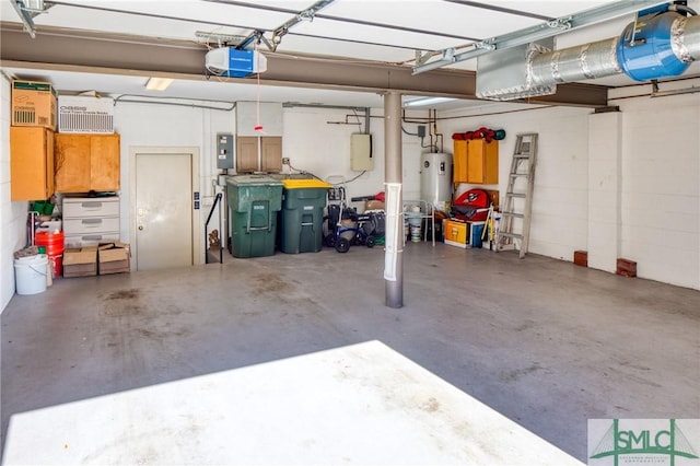 garage featuring electric panel, electric water heater, and a garage door opener