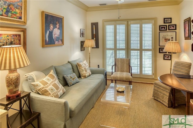 living room with crown molding