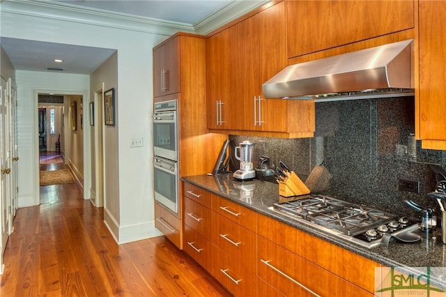 kitchen featuring tasteful backsplash, ventilation hood, stainless steel appliances, dark stone countertops, and hardwood / wood-style floors