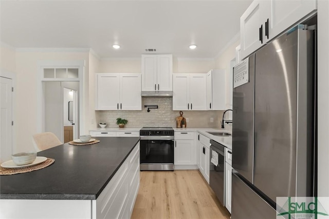 kitchen featuring decorative backsplash, stainless steel appliances, white cabinets, and sink