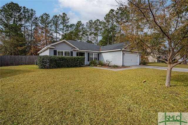 single story home featuring a front lawn and a garage