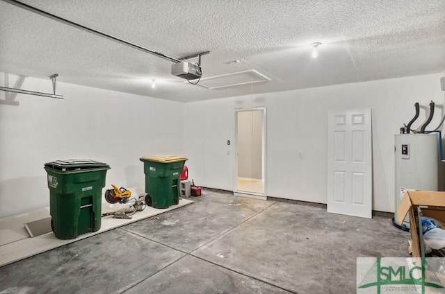 garage featuring electric water heater and a garage door opener