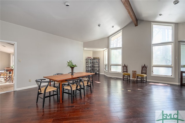 dining area featuring vaulted ceiling with beams and dark hardwood / wood-style floors