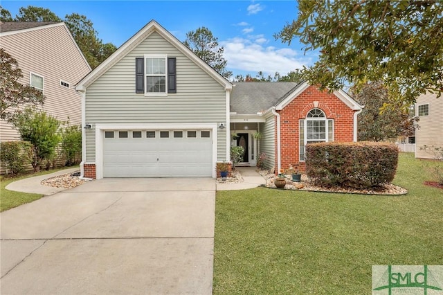 front facade featuring a garage and a front lawn