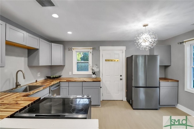 kitchen featuring sink, stainless steel appliances, wooden counters, pendant lighting, and gray cabinets