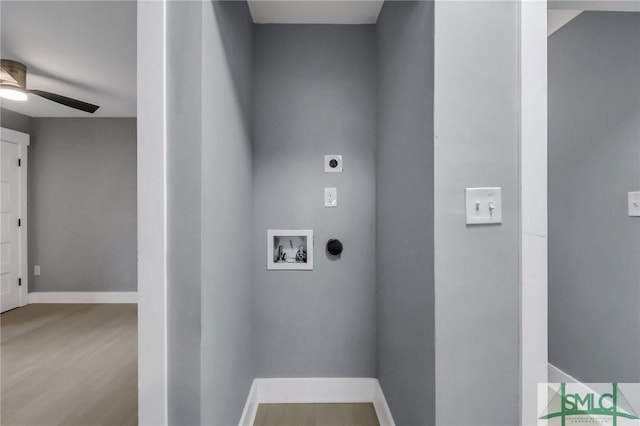 clothes washing area with washer hookup, hardwood / wood-style flooring, ceiling fan, and electric dryer hookup