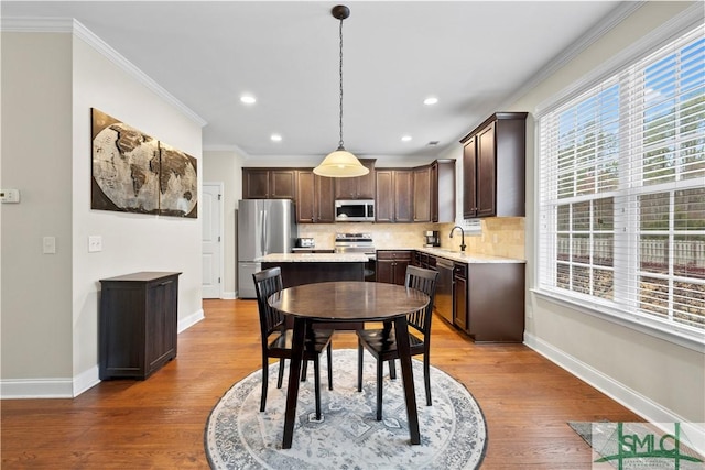 kitchen with dark brown cabinetry, stainless steel appliances, sink, pendant lighting, and light hardwood / wood-style floors