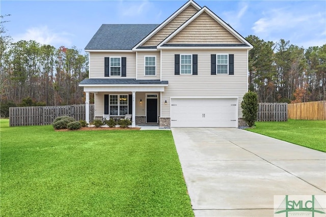 front facade with a front yard, a porch, and a garage