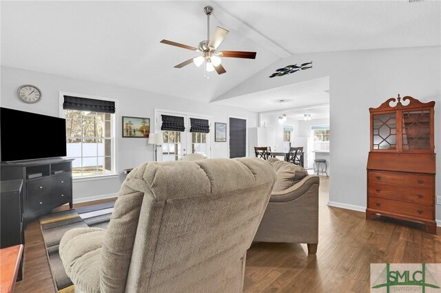 living room featuring ceiling fan, dark hardwood / wood-style flooring, and lofted ceiling with beams