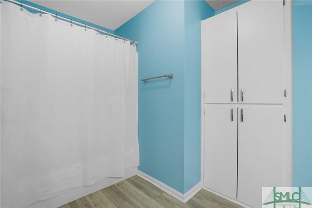 bathroom featuring hardwood / wood-style floors and a shower with shower curtain