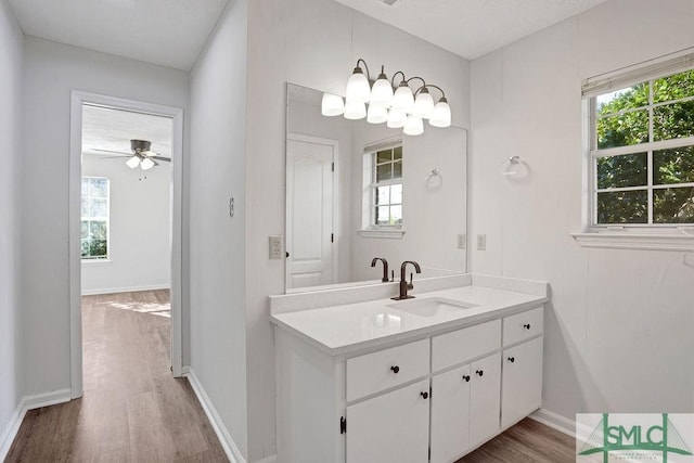 bathroom with vanity, ceiling fan, and wood-type flooring