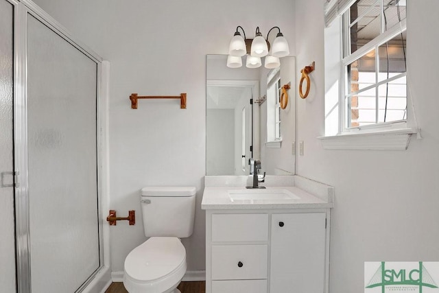 bathroom with vanity, toilet, and a shower with door