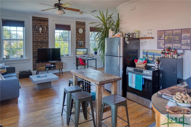 kitchen with ceiling fan, plenty of natural light, hardwood / wood-style floors, and appliances with stainless steel finishes