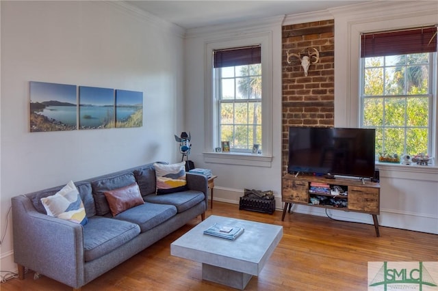 living room with hardwood / wood-style flooring, crown molding, and a wealth of natural light