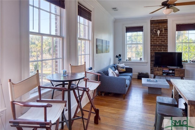 dining space with crown molding, ceiling fan, a healthy amount of sunlight, and light wood-type flooring