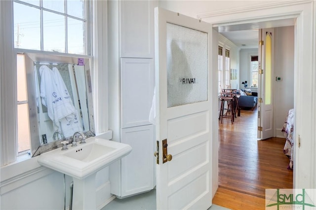 bathroom featuring wood-type flooring, plenty of natural light, and sink