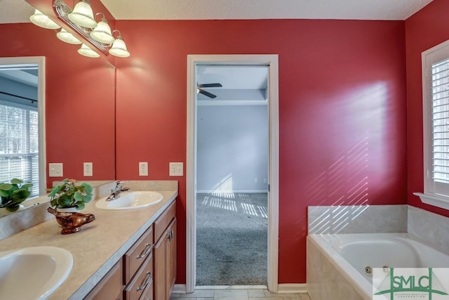 bathroom featuring a washtub, vanity, and plenty of natural light