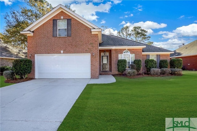 view of property with a front yard and a garage