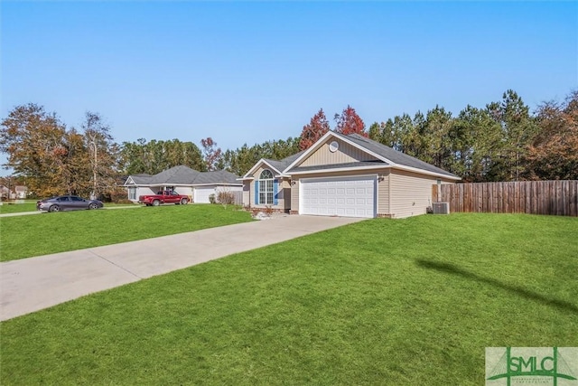 ranch-style house featuring cooling unit, a front lawn, and a garage