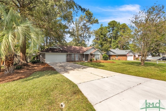 single story home featuring a front lawn and a garage