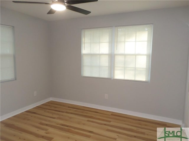 spare room with ceiling fan and light hardwood / wood-style flooring