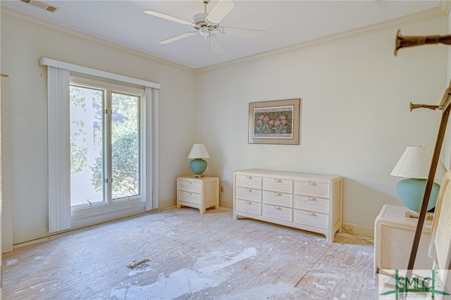 sitting room with ceiling fan and ornamental molding