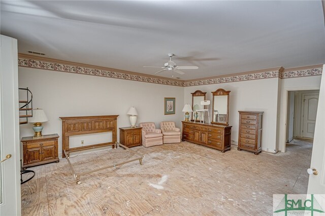 bedroom featuring ceiling fan and ornamental molding