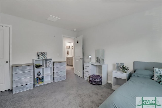 bedroom with light colored carpet