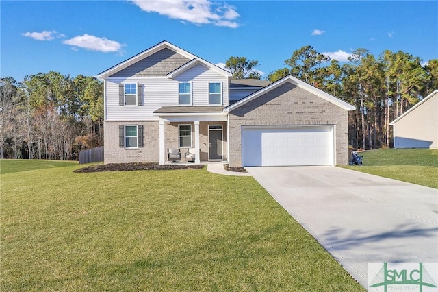 view of front of house featuring a front lawn, a porch, and a garage