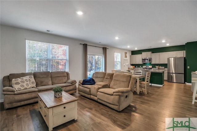 living room with a healthy amount of sunlight and dark hardwood / wood-style floors