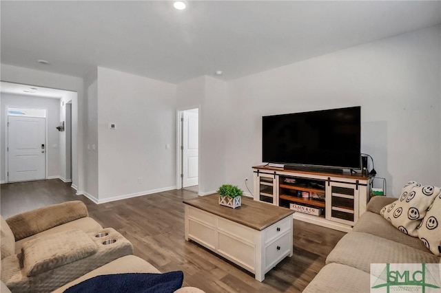 living room with dark wood-type flooring