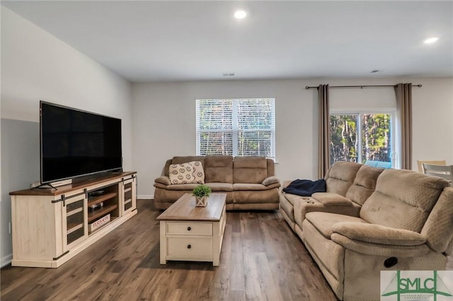 living room with dark hardwood / wood-style floors