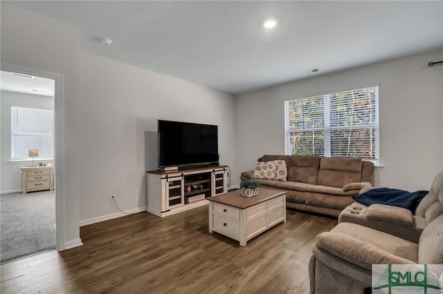 living room with dark hardwood / wood-style flooring