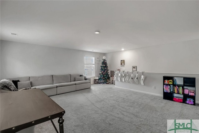 living room featuring light carpet