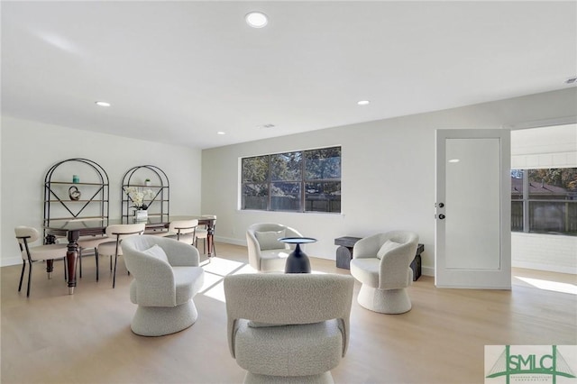 living room featuring a healthy amount of sunlight and light hardwood / wood-style flooring