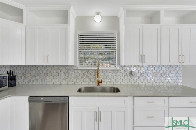 kitchen with backsplash, white cabinetry, sink, and appliances with stainless steel finishes