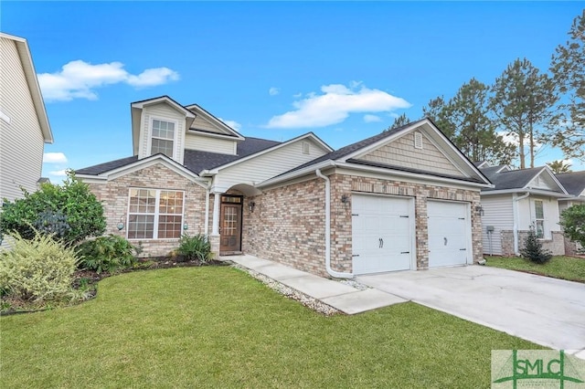 view of front of house with a garage and a front lawn