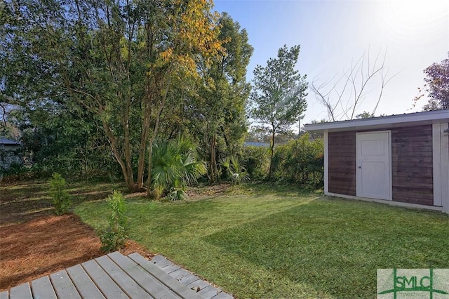 view of yard featuring a storage unit