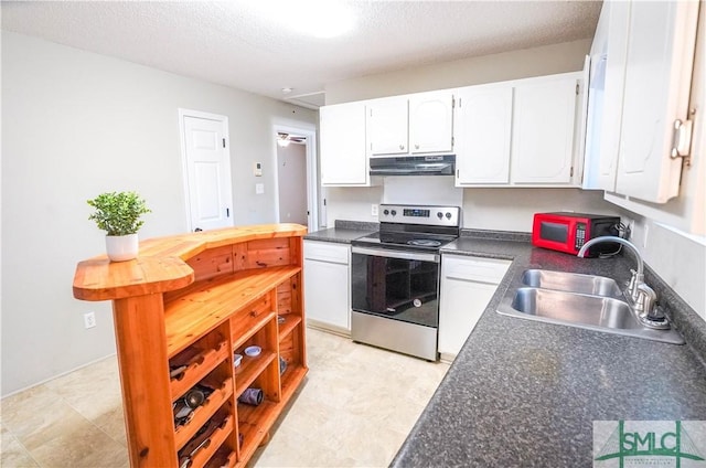 kitchen featuring white cabinets, sink, stainless steel range with electric cooktop, and a textured ceiling