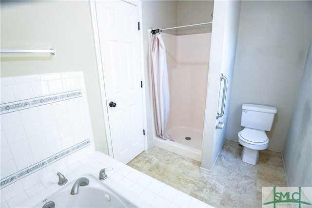 bathroom with plus walk in shower, tile walls, and toilet