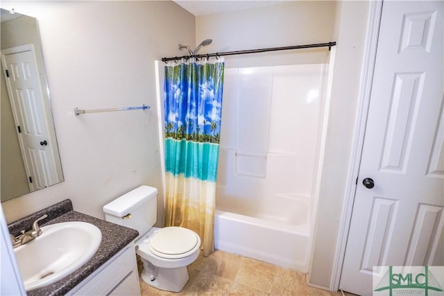 full bathroom with shower / bath combo, toilet, and vanity