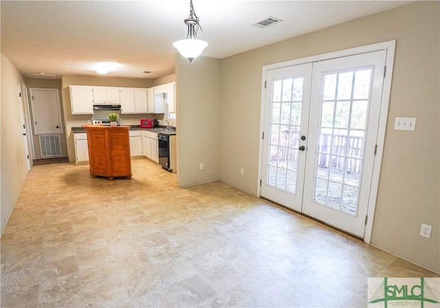 kitchen with french doors, sink, decorative light fixtures, dishwasher, and white cabinets