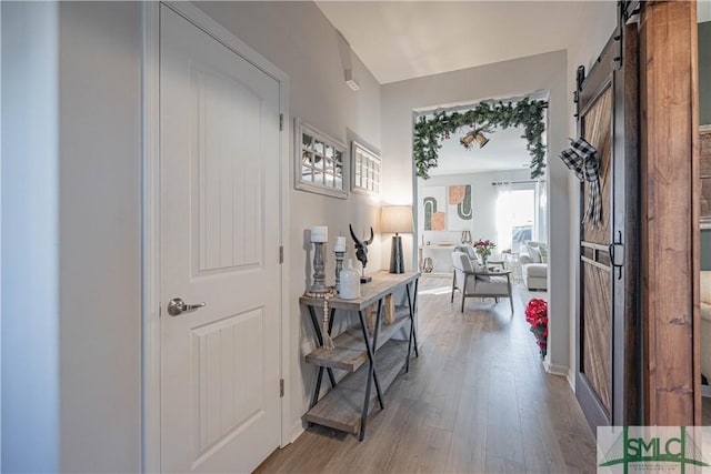 hallway with a barn door and light hardwood / wood-style floors