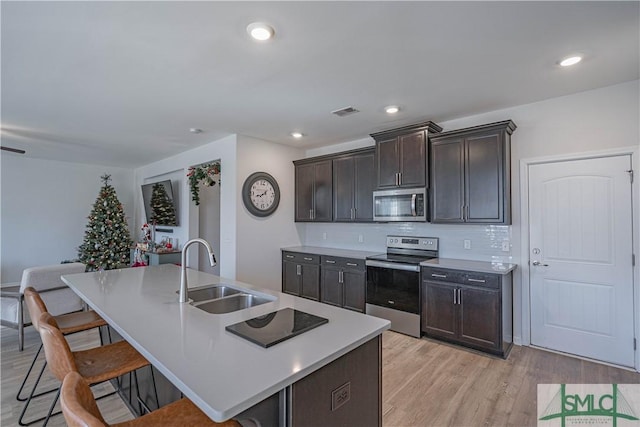 kitchen featuring appliances with stainless steel finishes, sink, dark brown cabinetry, and an island with sink