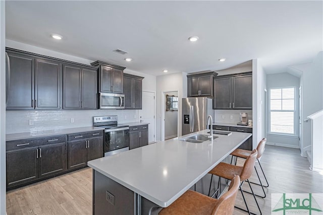 kitchen featuring a kitchen bar, light wood-type flooring, stainless steel appliances, a kitchen island with sink, and sink