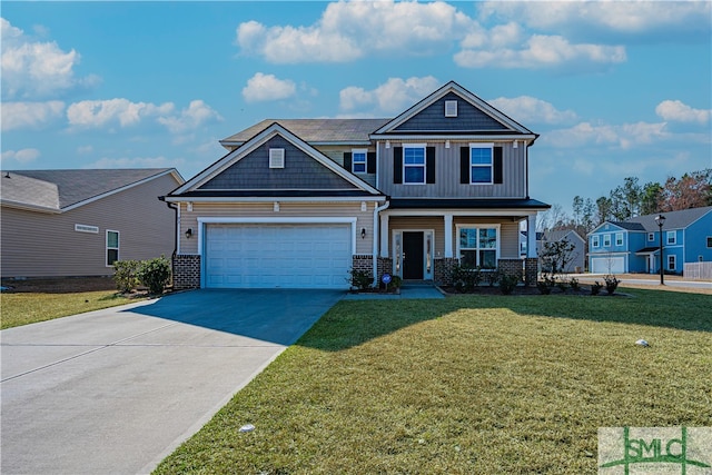 craftsman inspired home with a garage and a front yard