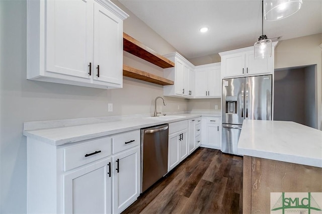 127 Winding Way Rd, Pembroke, GA 31321 - kitchen featuring stainless steel appliances, open shelves, dark wood-style floors, white cabinets, and recessed lighting